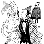 Line drawing of Irene Adler, Sherlock Holmes, and the King of Bohemia.