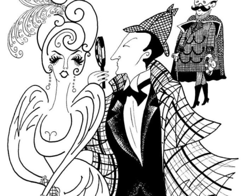 Line drawing of Irene Adler, Sherlock Holmes, and the King of Bohemia.