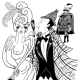 Line drawing of Irene Adler, Sherlock Holmes, and the King of Bohemia.