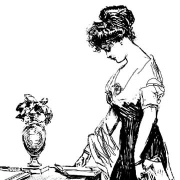 A sketch of a woman looking down at a book.
