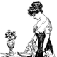 A sketch of a woman looking down at a book.